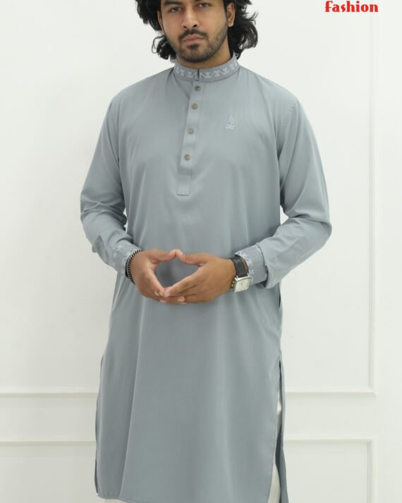 Premium Ash Grey Panjabi – Minimal Embroidered Classic for Men