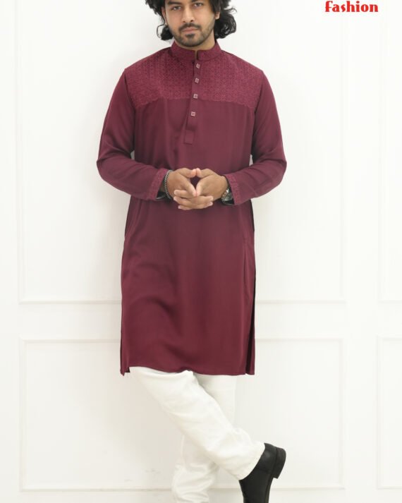 Premium Maroon Embroidered Panjabi – Royal Festive Collection for Men