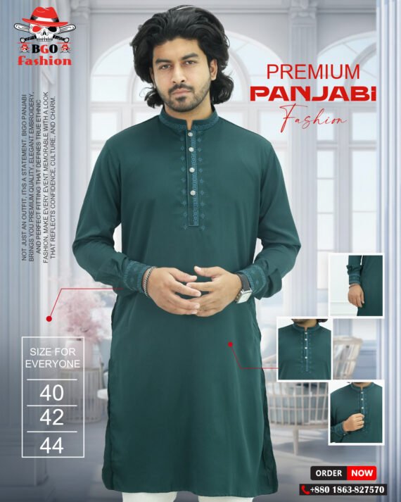 Premium Bottle Green Embroidered Panjabi – Elegant Ethnic Wear for Men